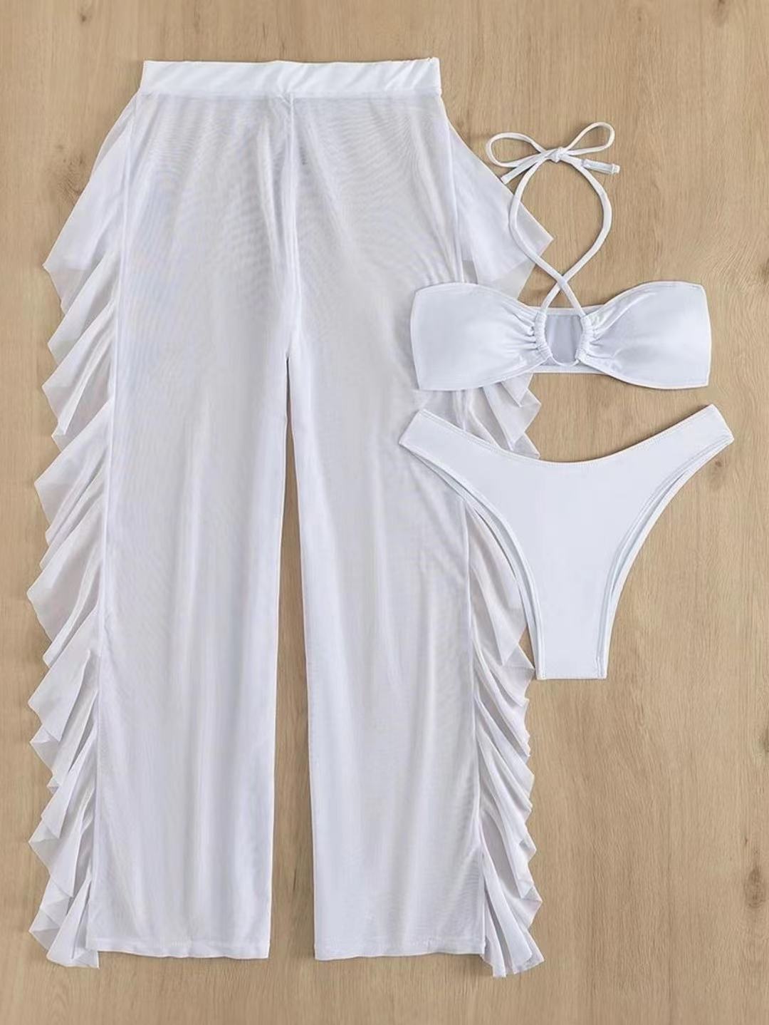 Women Sheer Bikini Sets with Ruffle Cover Up Long Pants Sexy Mesh Swimsuits